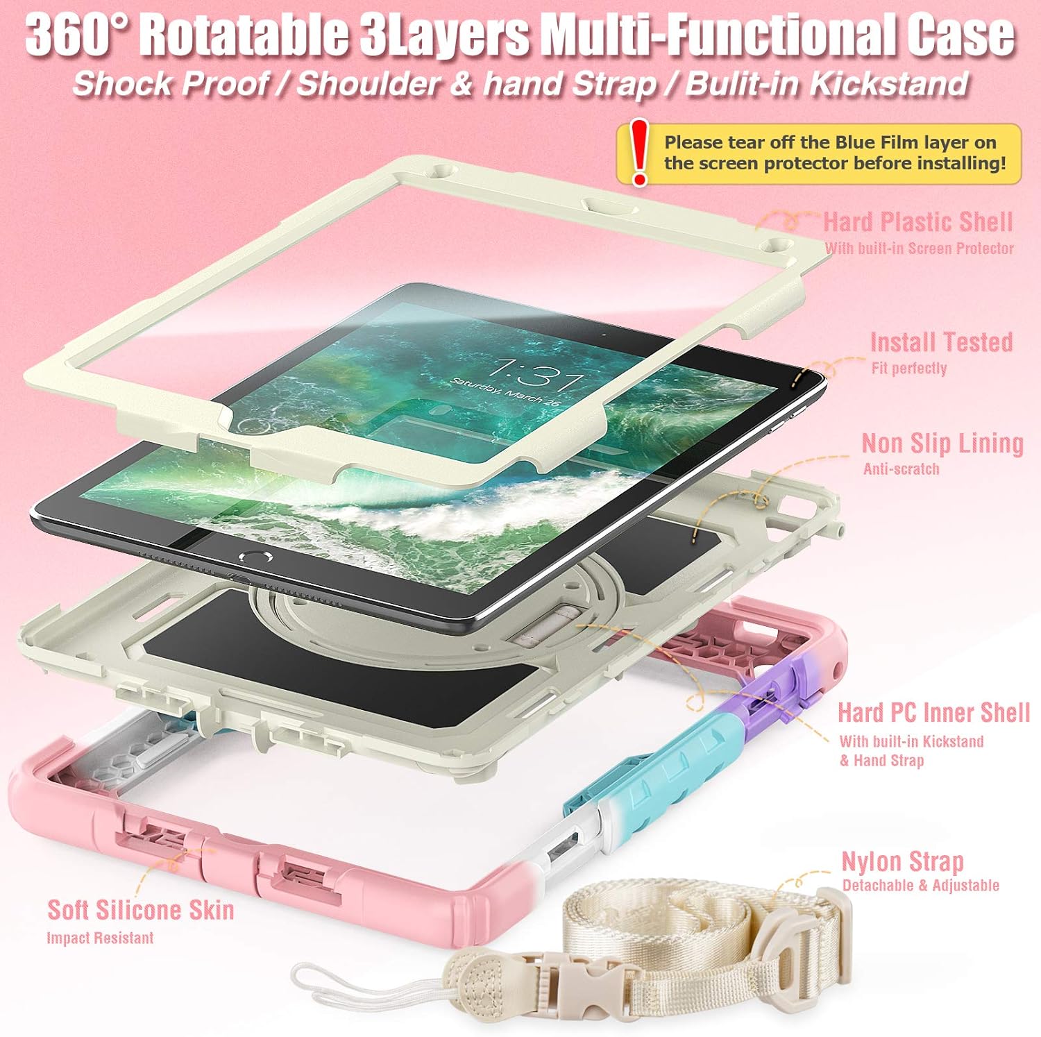 SEYMAC stock Case for iPad 6th / 5th Generation Case/Air 2 / Pro 9.7 inch, Heavy Duty Protective with Screen Protector, with Pencil Holder, Hand Strap, Shoulder Strap, 360 Rotate Stand,Yellowish+Pink