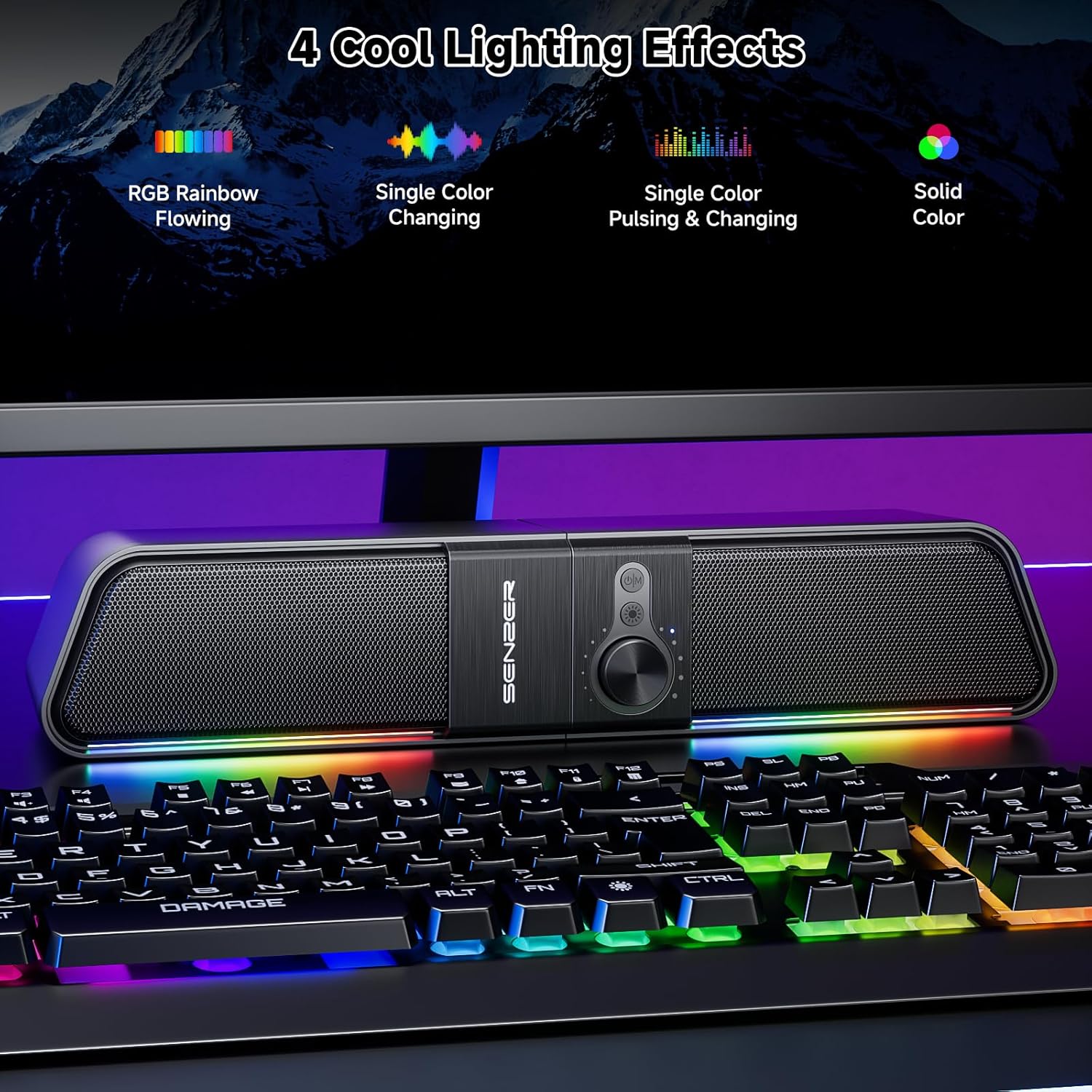 SENZER CS20 2 in 1 Bluetooth Computer Speakers for Desktop, USB Plug & Play Clear Sound PC Speakers with RGB Light, Monitor Sound Bar with Volume Knob, Gaming Speaker for PC Laptop Phone Tablet