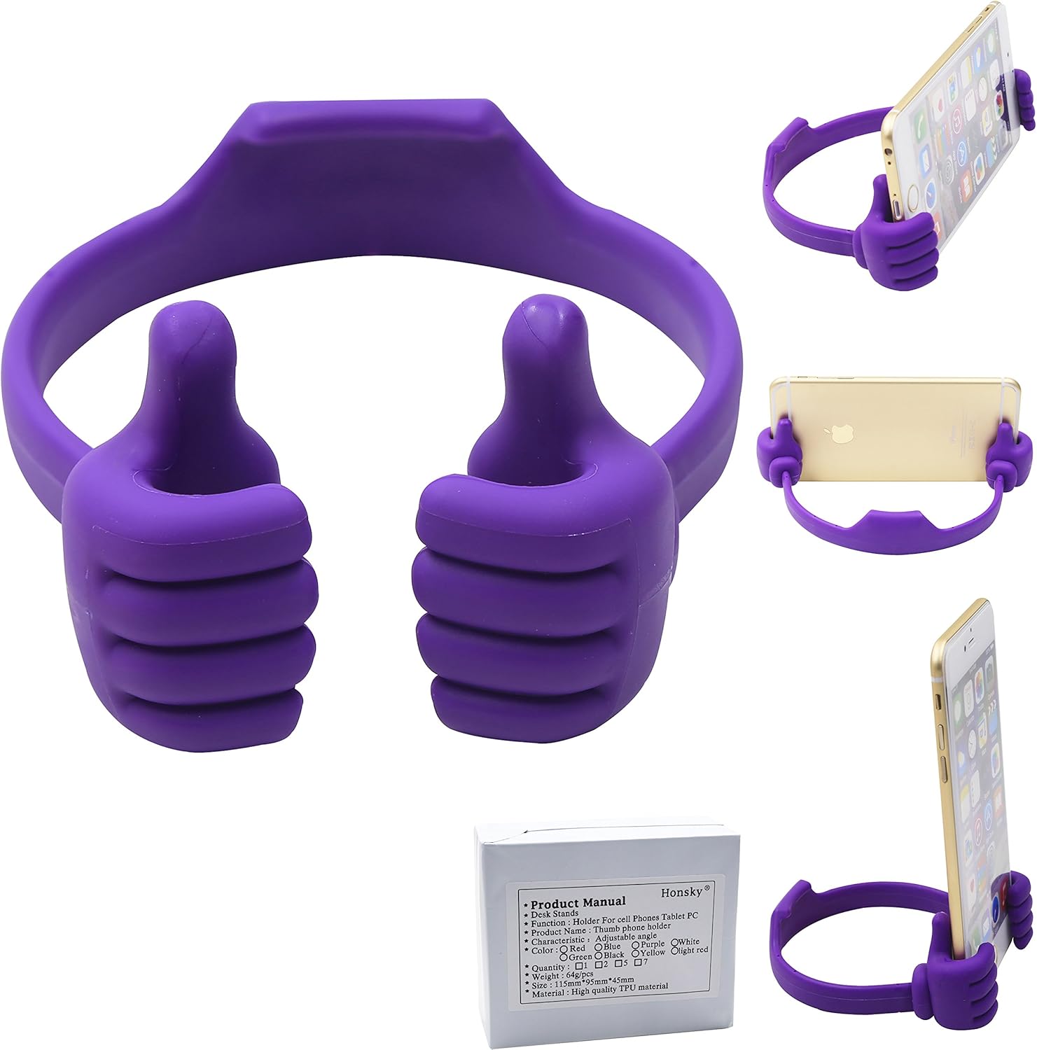 Honsky Thumbs-up Cell Phone Stand Holder, Tablet Stand Cradle for Desk Desktop Smartphone Cellphone Mobile Phone Tablets â€“ Universal Adjustable Flexible, Purple