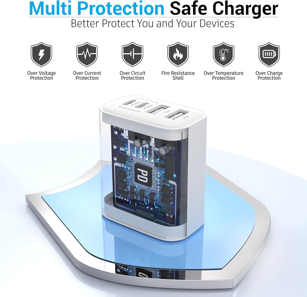 TT&C USB C Block 40W, 4 Ports Wall Plug Fast Charging Block, PD+QC Multiport Power Adapter USB C Charger Type C for iPhone 16,15,14,13,12,11, Pro Max, X, Xr, Xs, 8, Watch, Galaxy Phones (White 1Pack)