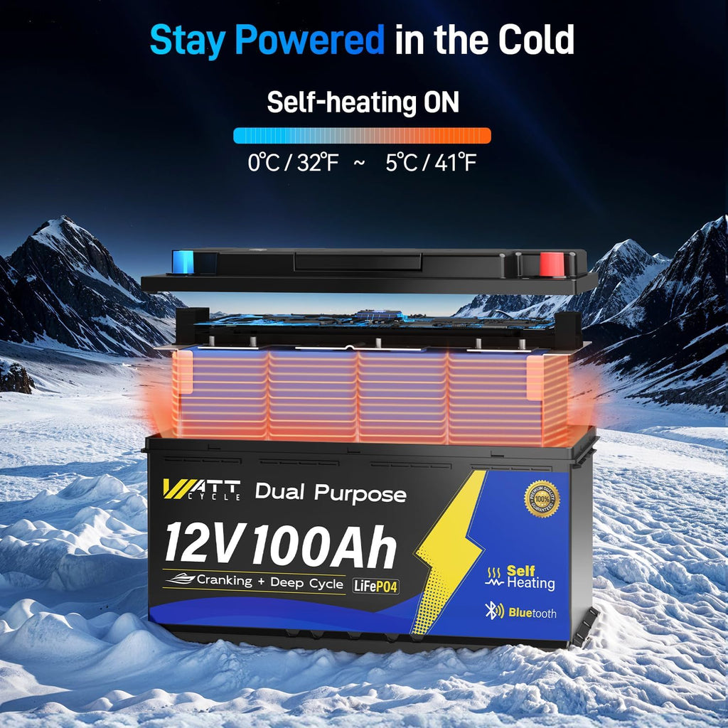 12V 100Ah Bluetooth LiFePO4 Battery, [Cranking &Deep Cycle] Lithium Battery with Self-Heating, Built-in 200A BMS, Perfect for Trolling Motor, RV, Marine, Boat(4 Pack)