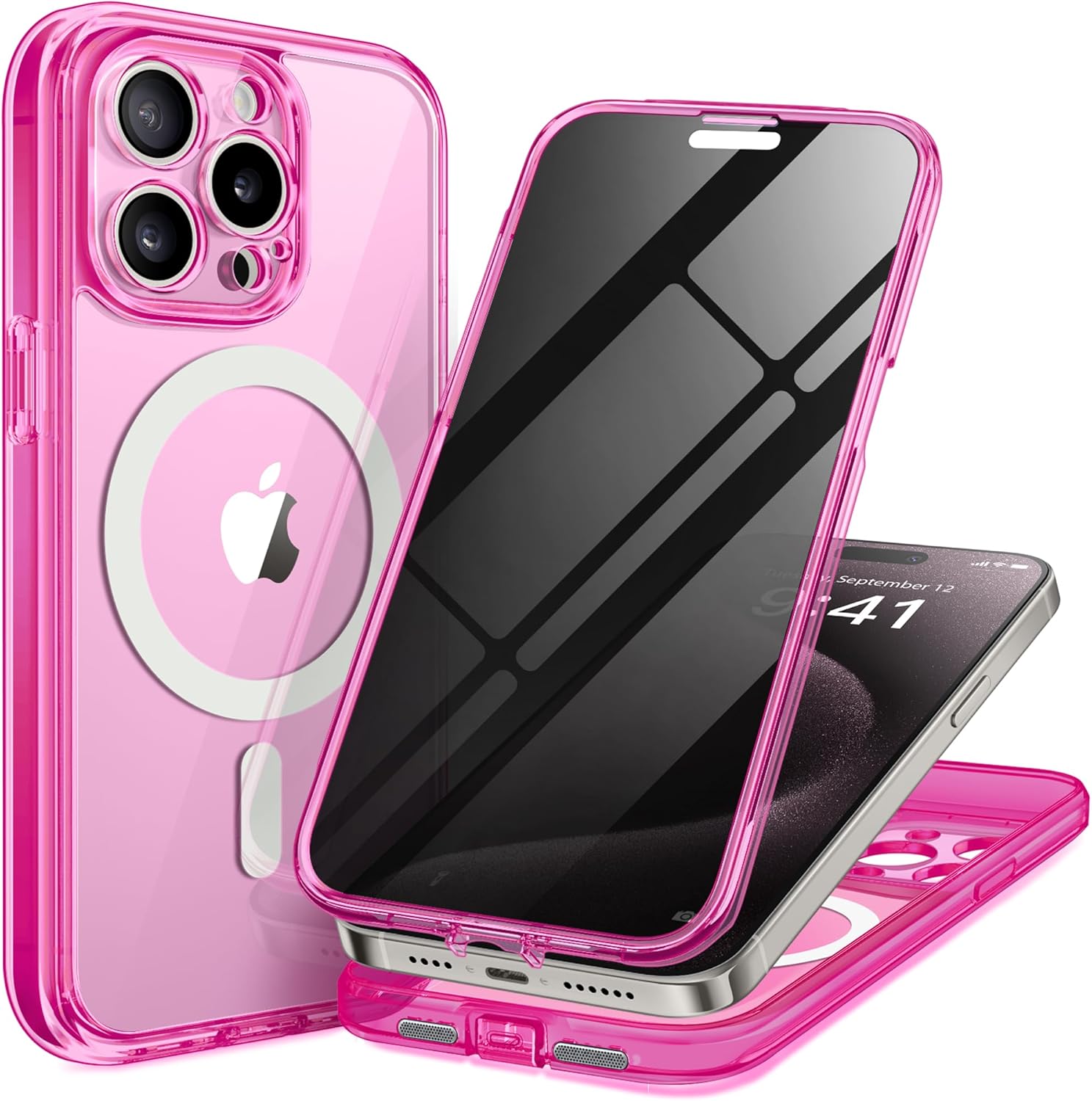 Magnetic for iPhone 15 Pro Max Case, Compatible with MagSafe, Built-in Privacy Screen Protector and Camera Protection, Anti Spy Full Body Dustproof Shockproof Hard Phone Case 6.7",Bright Pink