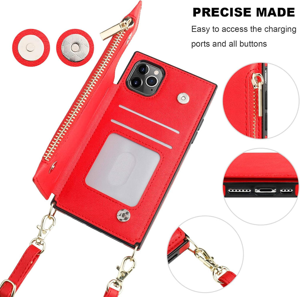 Bocasal Crossbody Wallet Case for iPhone 11 Pro with Card Holder,Zipper Card Slot Protector Shockproof Purse Cover with Removable Cross Body Strap 5.8 Inch(Red)