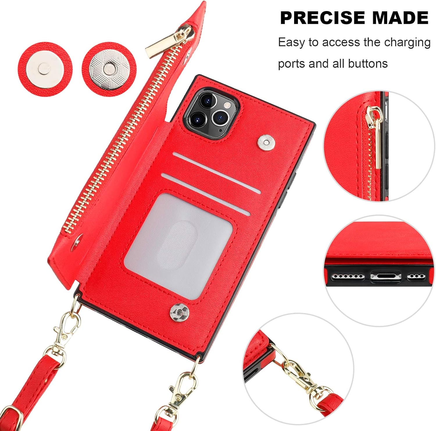 Bocasal Crossbody Wallet Case for iPhone 11 Pro with Card Holder,Zipper Card Slot Protector Shockproof Purse Cover with Removable Cross Body Strap 5.8 Inch(Red)