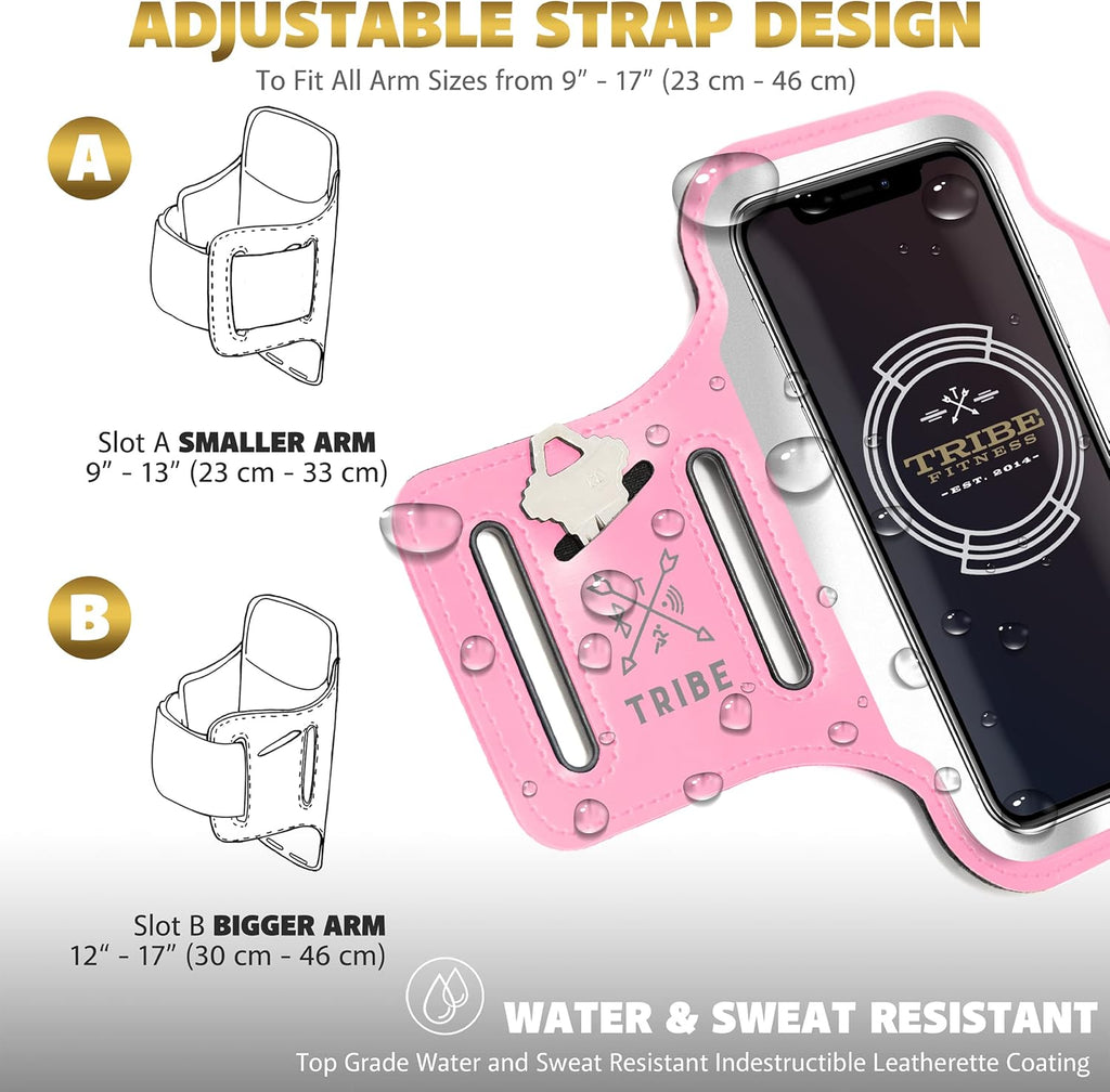 TRIBE Running Phone Holder Armband. iPhone & Galaxy Cell Phone Sports Arm Bands for Women, Men, Runners, Jogging, Walking, Exercise & Gym Workout. Fits All Smartphones. Adjustable Strap, CC/Key Pocket