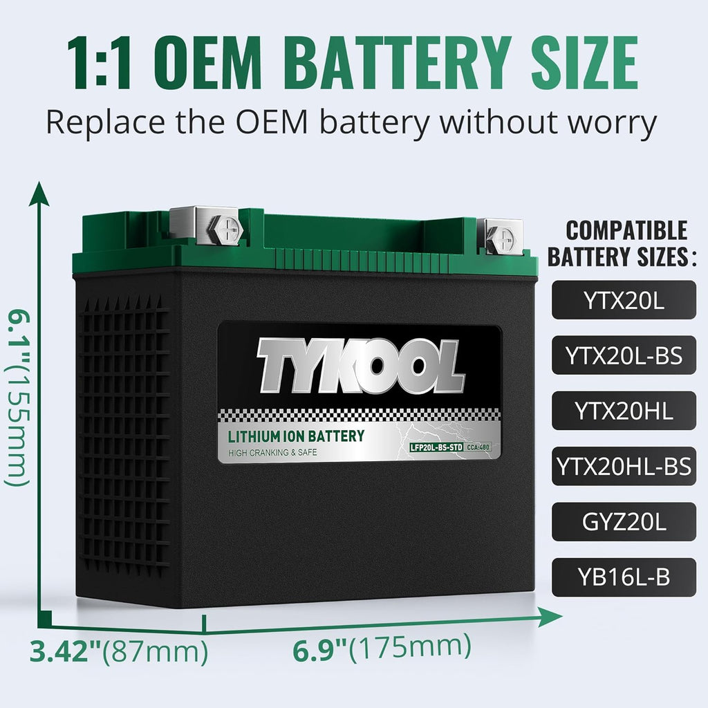 TYKOOL YTX20L-BS-STD Lithium LiFePO4 Motorcycle Battery 12v, 480CCA, 2X Cranking Amps,Digital Readout,Powersports Battery,for ATV,UTV,Jet Ski,PWC,Snowmobile,Quad,Riding Lawn Mowers and tractors