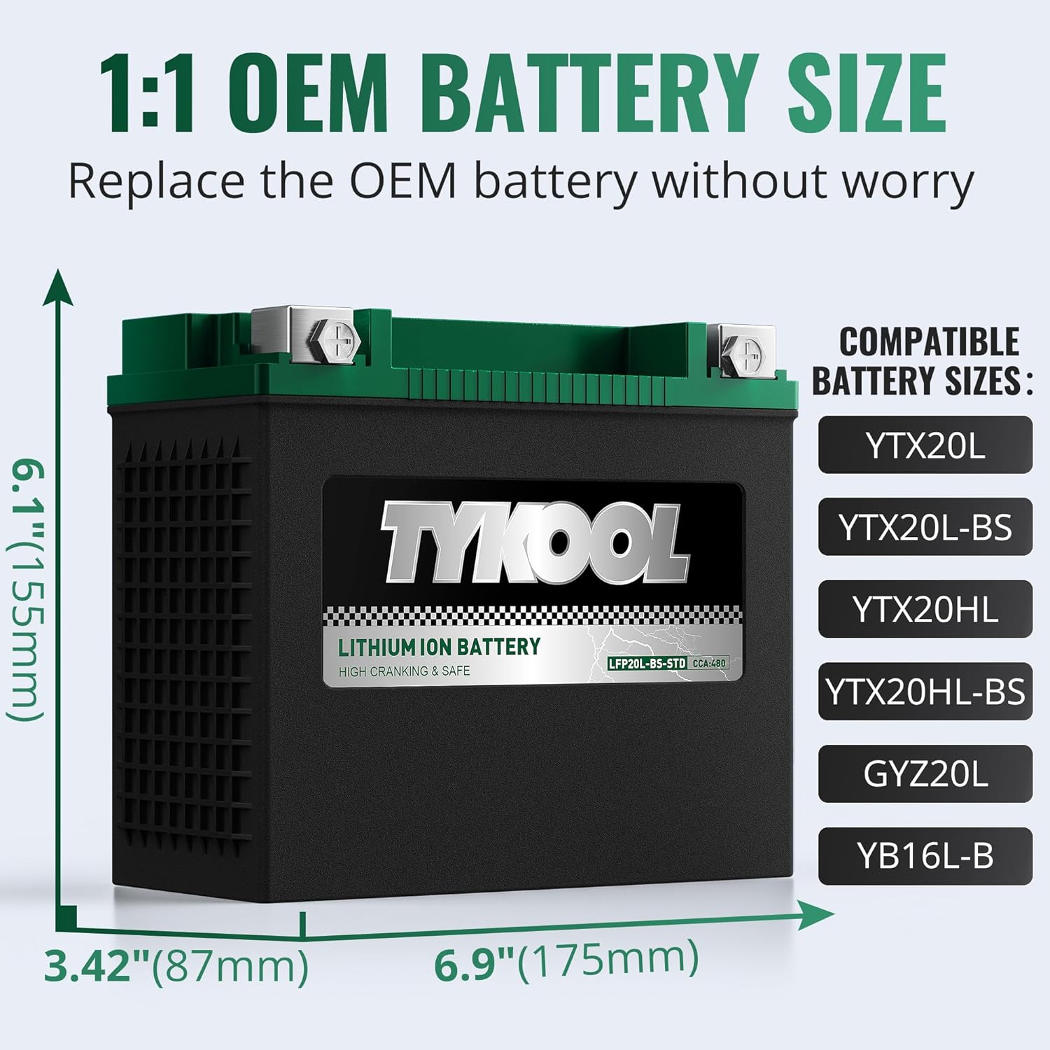 TYKOOL YTX20L-BS-STD Lithium LiFePO4 Motorcycle Battery 12v, 480CCA, 2X Cranking Amps,Digital Readout,Powersports Battery,for ATV,UTV,Jet Ski,PWC,Snowmobile,Quad,Riding Lawn Mowers and tractors