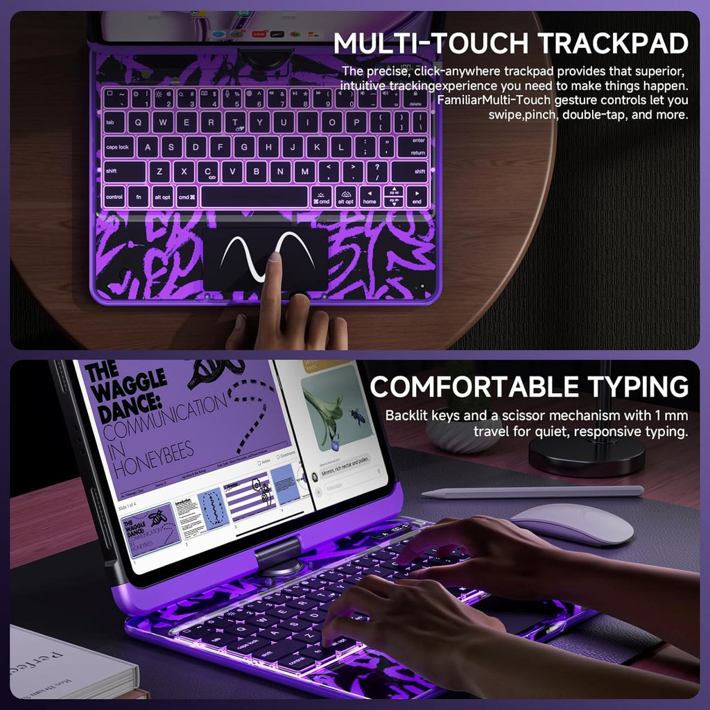 Transparent Case with Keyboard for 2024 iPad Pro 13 inch (M4), iPad Pro 13,7-Color Backlit,Magic Wireless Keyboard, 360°Rotating,Multi-Touch trackpad,Pencil Holder,with Shortcuts,Purple