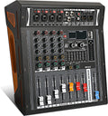 Audio Mixer 4 Channel, DJ Mixer with Power Amplifier, Audio Sound Card with 48V Phantom Power, Usb Audio Interface, Sounds Mixer Board with 99 DSP FX Reverb Delay Effect for Streaming