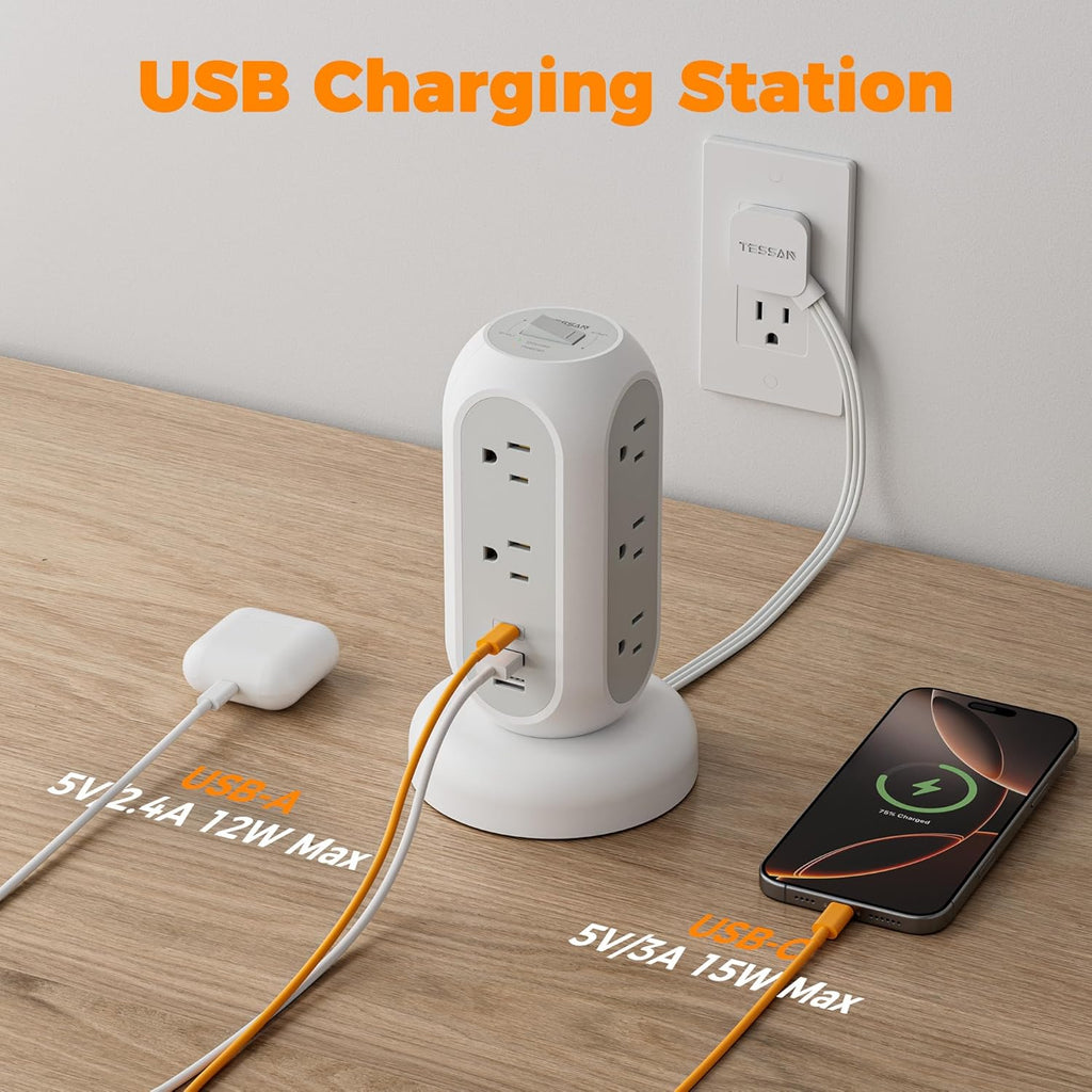 Surge Protector Power Strip Tower, TESSAN 5 FT Retractable Extension Cord with Multiple Outlets, 11 Outlets with 3 USB (1 USB C) Charging Station, 1050J, Office Desk Supplies, Dorm Essentials