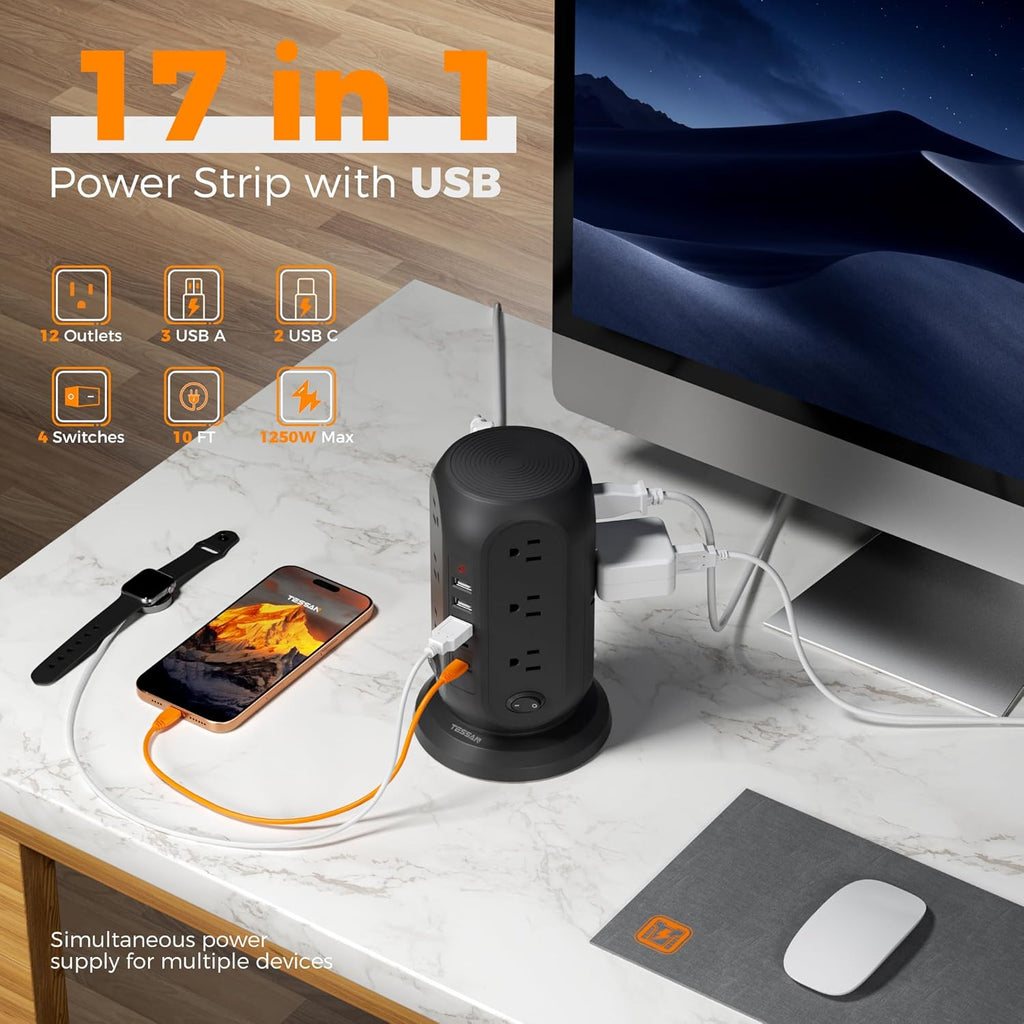 Black Surge Protector Power Strip with 4 Individual Switches, TESSAN USB C Charging Station Power Tower with Flat Extension Cord 10 Ft, 12 Outlets Black Extension Cord, Dorm Room, Office Accessories
