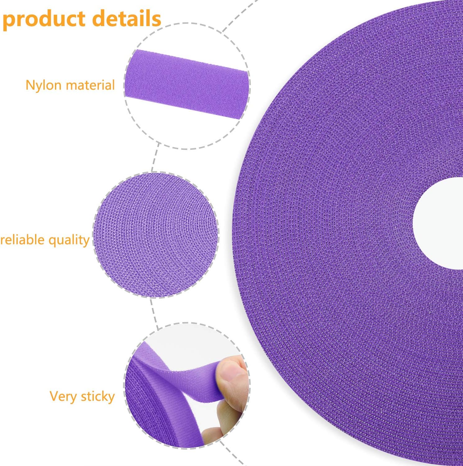 Reusable Fastening Tape Cable Ties 3/4 Inch Double Side Hook Roll (25 Yard, Purple)