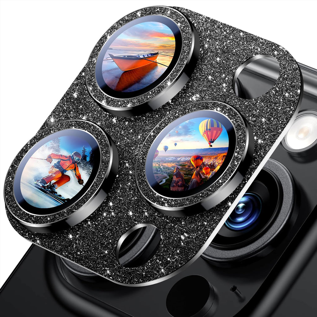 Uyiton Compatible with iPhone 16 Pro/iPhone 16 Pro Max Camera Lens Protector - [Not Easy to Break][Strong Adsorption][Case-Friendly] Metal Tempered Glass Rear Camera Screen Cover - Glitter Black