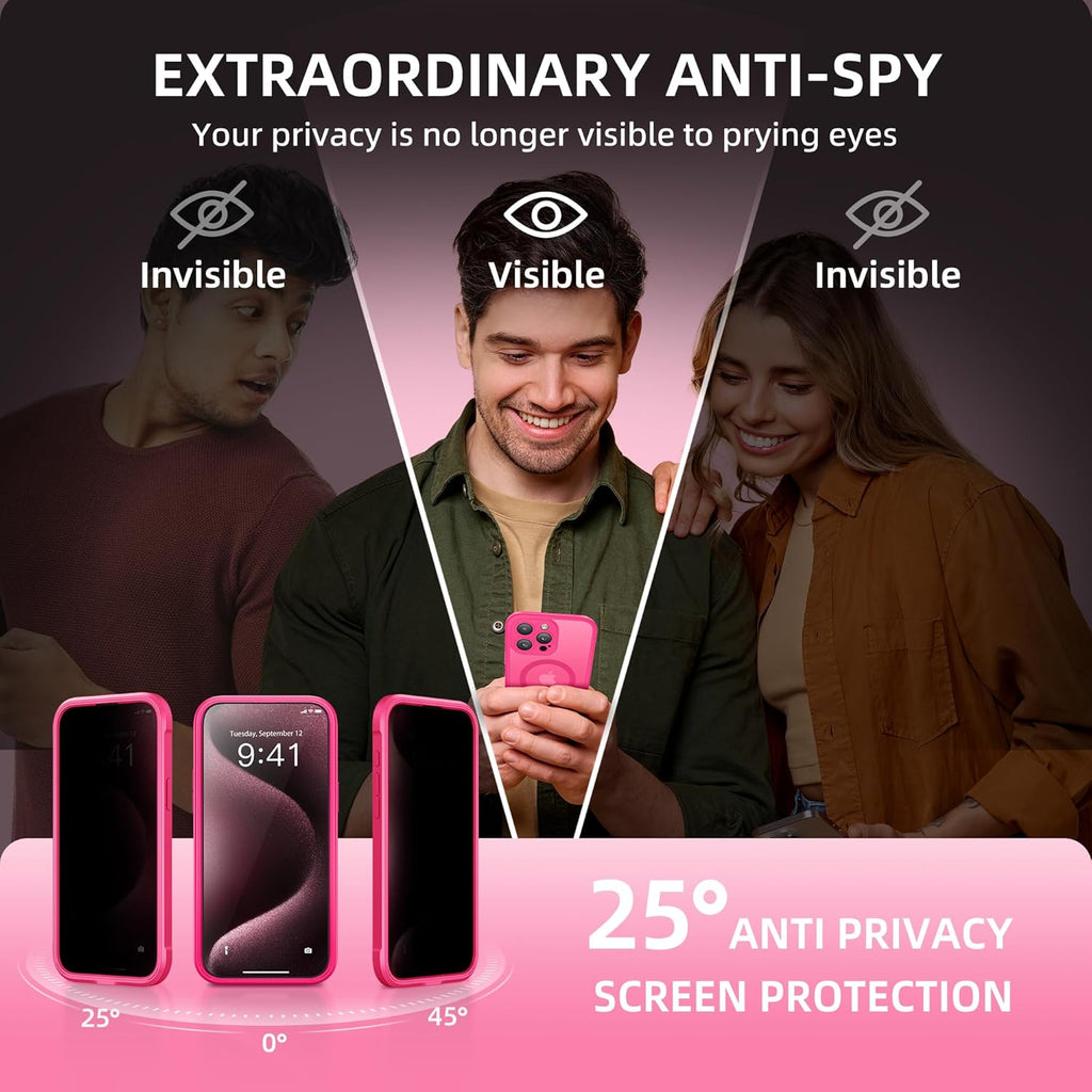 Magnetic for iPhone 15 Pro Case, Compatible with MagSafe, Built-in Privacy Screen Protector and Camera Protection, Anti Spy Full Body Dustproof Shockproof Hard Phone Case 6.1", Hot Pink