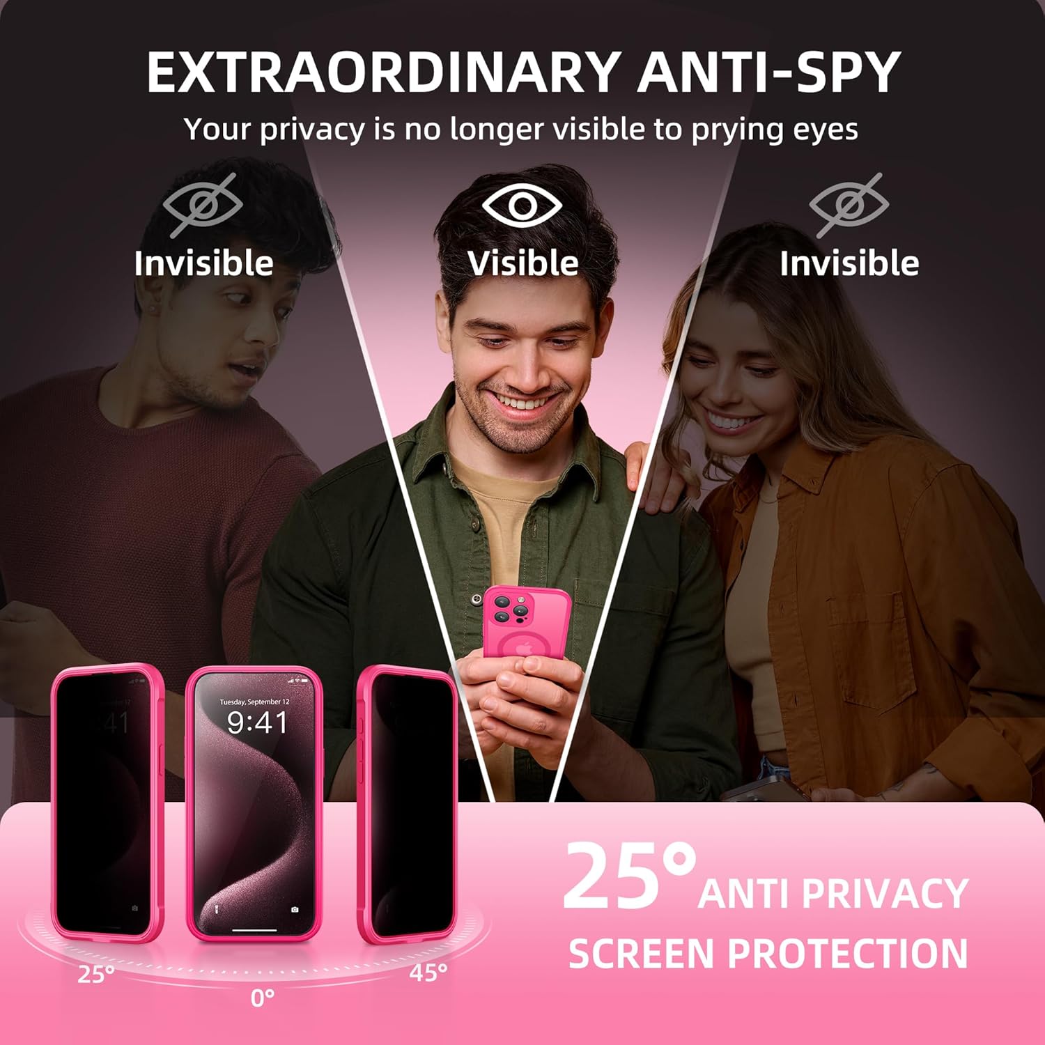 Magnetic for iPhone 15 Pro Case, Compatible with MagSafe, Built-in Privacy Screen Protector and Camera Protection, Anti Spy Full Body Dustproof Shockproof Hard Phone Case 6.1", Hot Pink