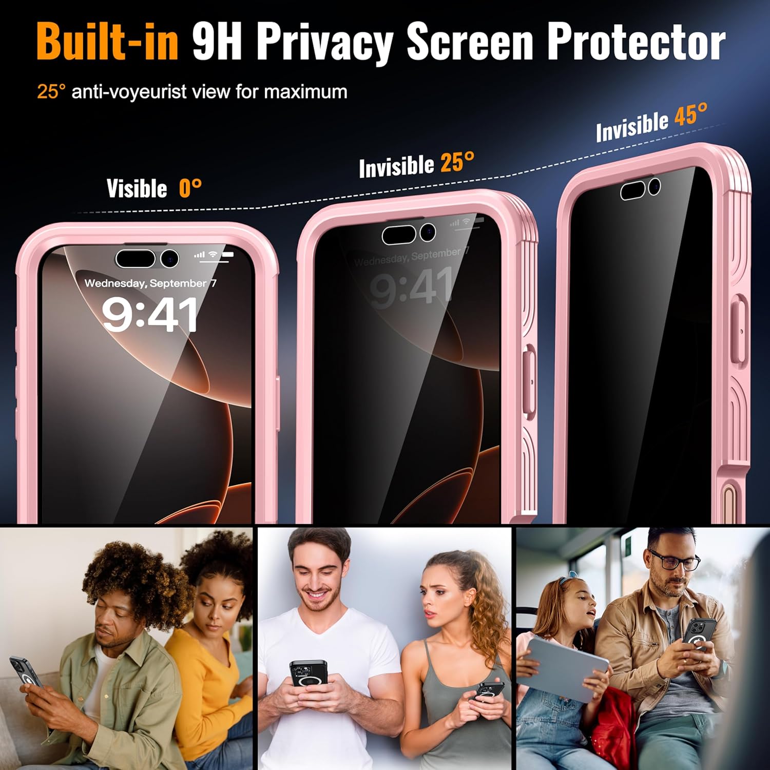Magnetic & Stand for iPhone 16 Pro Max Case Built-in Privacy Screen Protector[360° Full Body Protection][Fit for Magsafe][Lens Protector] Heavy Duty Shockproof Case for iPhone 16 Pro Max Pink
