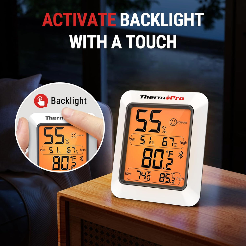ThermoPro Hygrometer Thermometer for House TP350, Bluetooth Room Indoor Greenhouse Thermometer Monitor Up to 260FT, Backlit Humidity Meter Temperature Sensor with 2-Year Data Export, 2 Pack