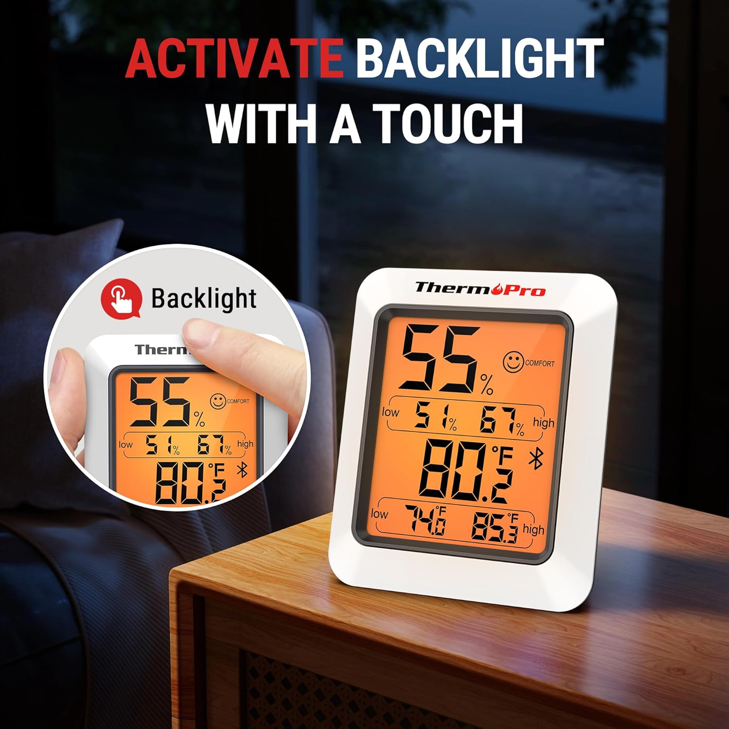 ThermoPro Hygrometer Thermometer for House TP350, Bluetooth Room Indoor Greenhouse Thermometer Monitor Up to 260FT, Backlit Humidity Meter Temperature Sensor with 2-Year Data Export, 2 Pack