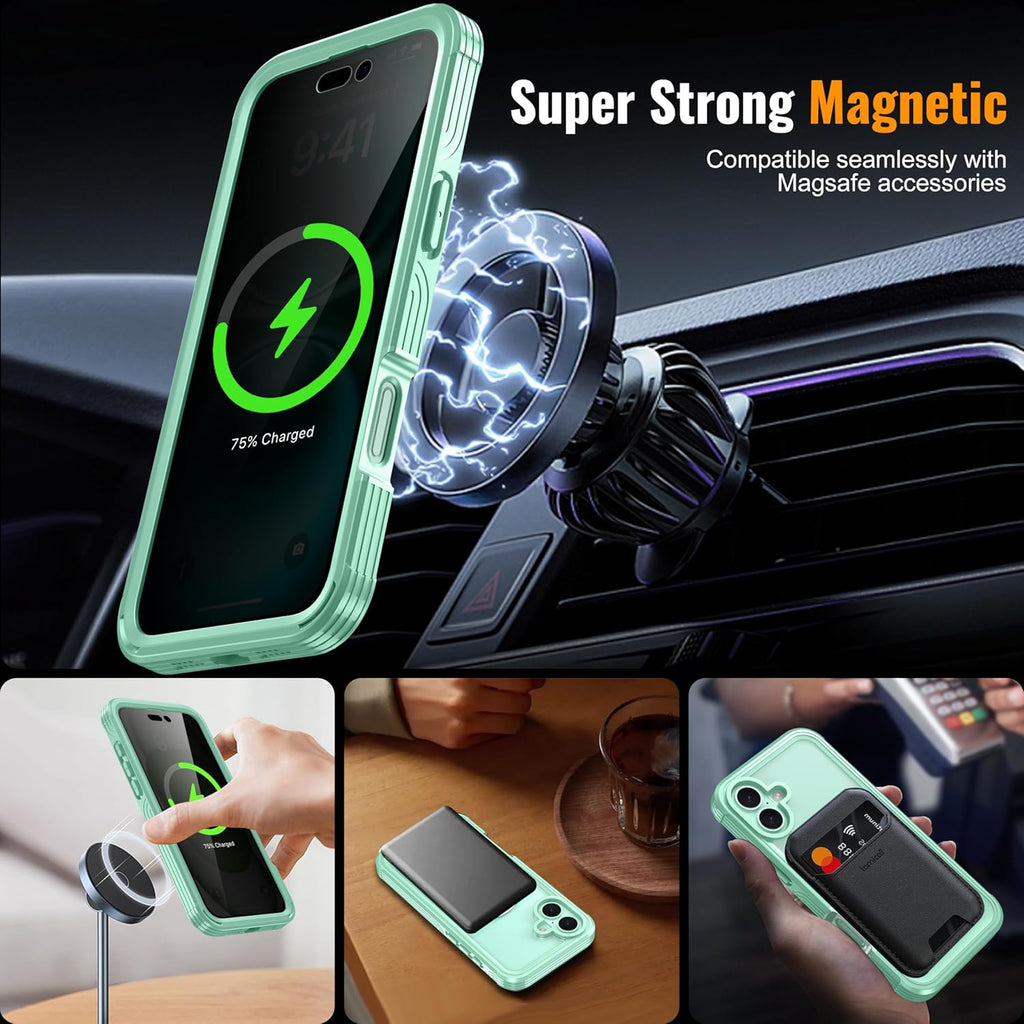 Magnetic & Stand for iPhone 16 Plus Case Built-in Privacy Screen Protector[360° Full Body Protection][Fit for Magsafe][Lens Protector] Heavy Duty Shockproof Phone Case for iPhone 16 Plus Green