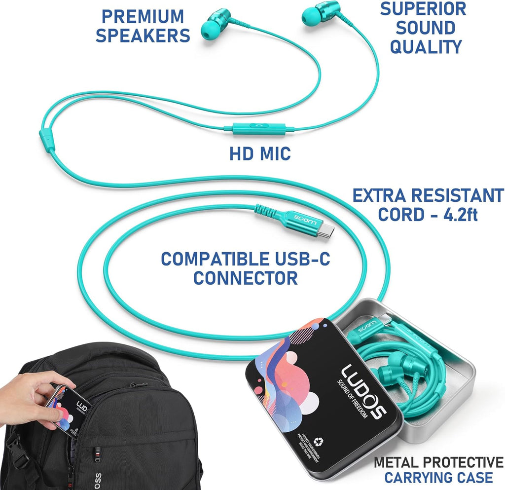 LUDOS OMNITONE USB C Headphones for iPhone 16 15 Pro Max Plus iPad Pro, 5 Years Warranty, USB-C Earbuds for Samsung Galaxy S24 S23 S22 S21 S20 A55 A54 A53, USB Type C Earphones - Turquoise
