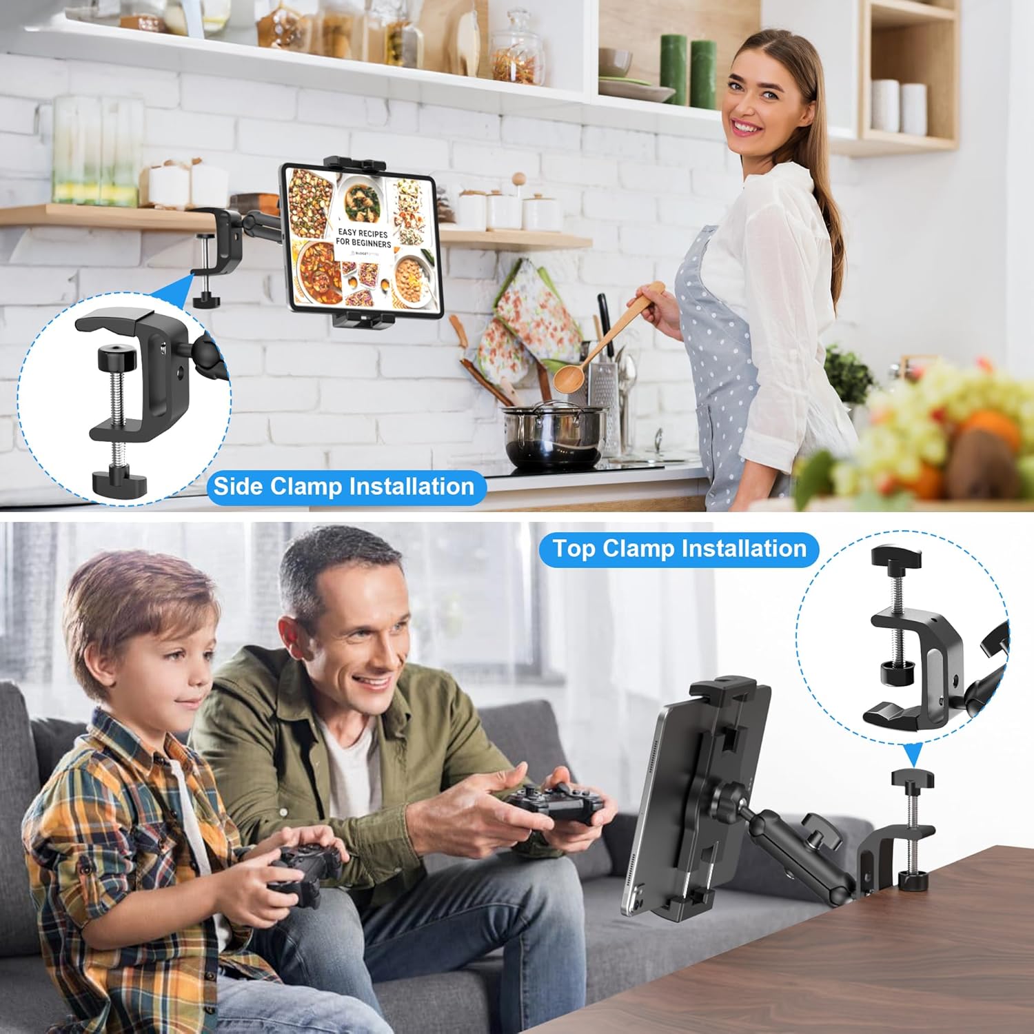 iPad Under Cabinet Mount, Kitchen Tablet Mount Holder, iPad Desk Mount w/Clamp, Aluminum Base&Metal Arm, 360° Rotation, Compatible with 4.7"-12.9" iPad Pro/Air/Mini/Kindles/Galaxy Tab/Phones