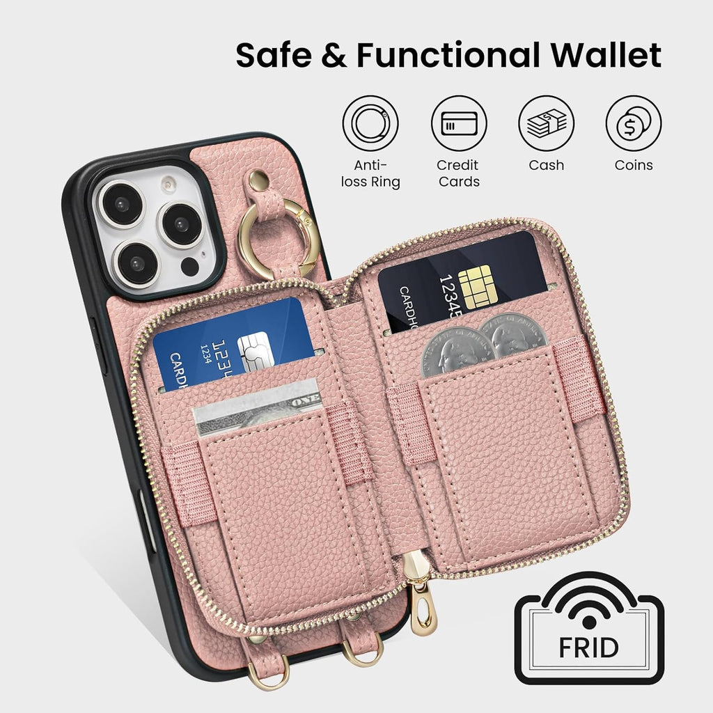 ORNARTO Magnetic Detachable Wallet Case for iPhone 16 Pro, [Compatible with MagSafe], Crossbody Wallet Case with Card Holder Wrist Strap, RFID Blocking PU Leather Wallet Phone Cover 6.3", Pink