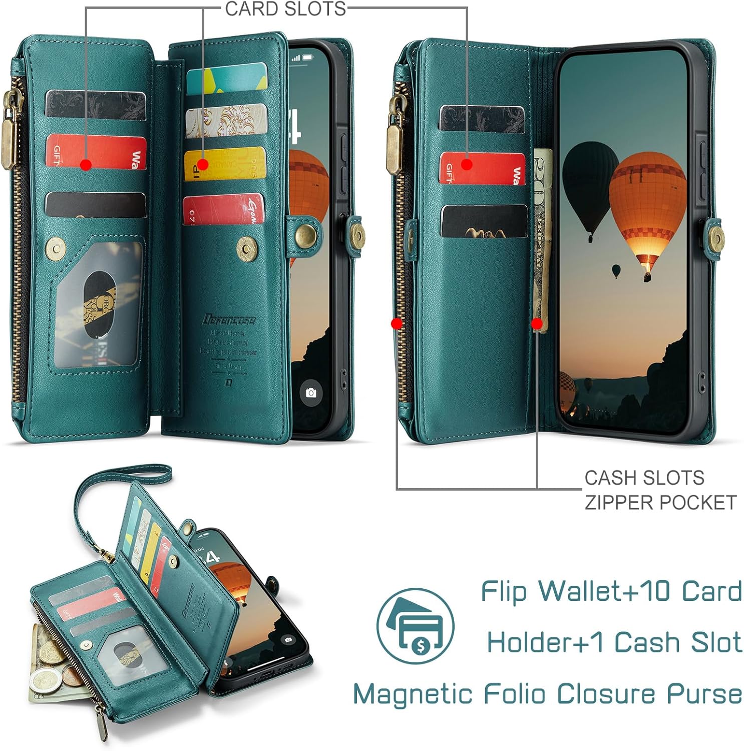 Defencase for Galaxy A26 5G Case Wallet with RFID Blocking Card Holder for Women Men, Fashion PU Leather Magnetic Snap Flip Zipper Wrist Strap Wallet Phone Case for Samsung Galaxy A26 5G, Blue Green