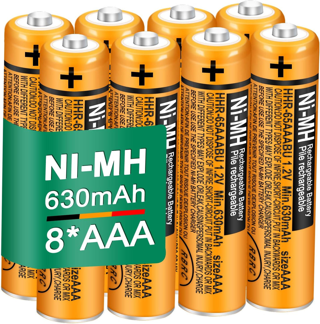 8 Pack HHR-65AAABU NI-MH Rechargeable Batteries 1.2V 630mAh AAA Battery for Panasonic Cordless Telephone Batteries