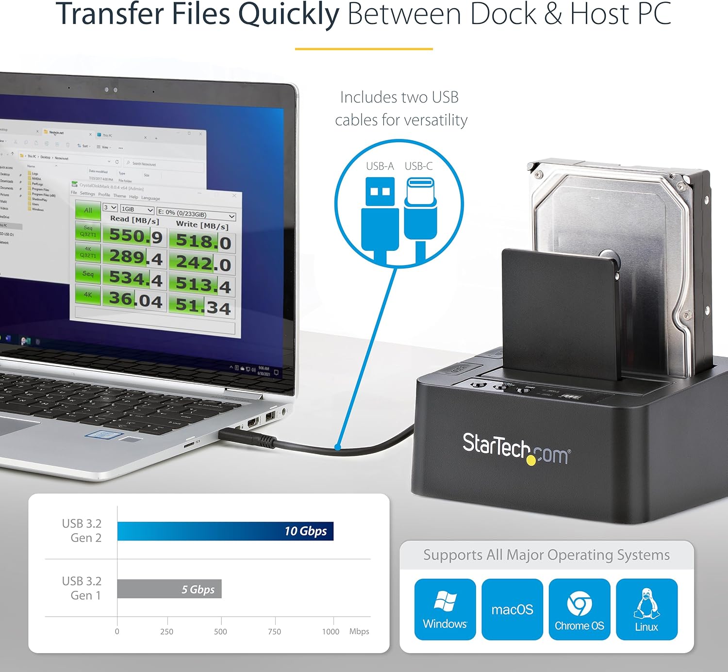 StarTech.com Standalone Hard Drive Duplicator, External Dual Bay HDD/SSD Cloner/Copier, USB to SATA III Docking Station