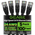 GEARit Cat 6 Ethernet Cable Pack - 5-Pack 100 ft Cat6 Ethernet Patch Cables | RJ45 Network Patch Cable, 10 Gbps Snagless Gold-Plated Connectors - Ethernet Cable Cat 6 for PC, TV, Router - Black