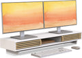 Dual Monitor Stand Riser with Sliding Door, Double Computer Laptop Stand Desk Shelf Organizer with Storage (White + Natural Bamboo, 38 Inch)