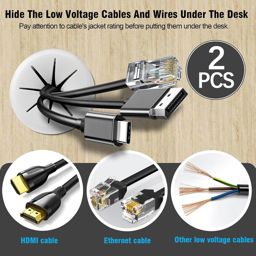 2-3/8" White Desk Grommet, JTemgle Flexible Cable Grommet Rubber Cable Hole Cover Wire Organizer Caps Desktop Cord Management for Home Office TV Stands Tabletops, 2 Pieces