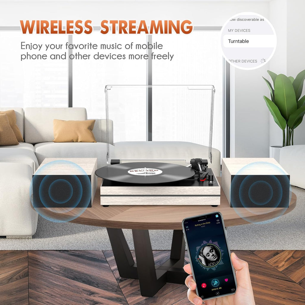 Record Player for Vinyl with External Speakers, Belt-Drive Turntable with Dual Stereo Speakers Vintage Vinyl LP Player Support 3 Speed Wireless AUX Headphone Input Auto Stop for Music Lover White
