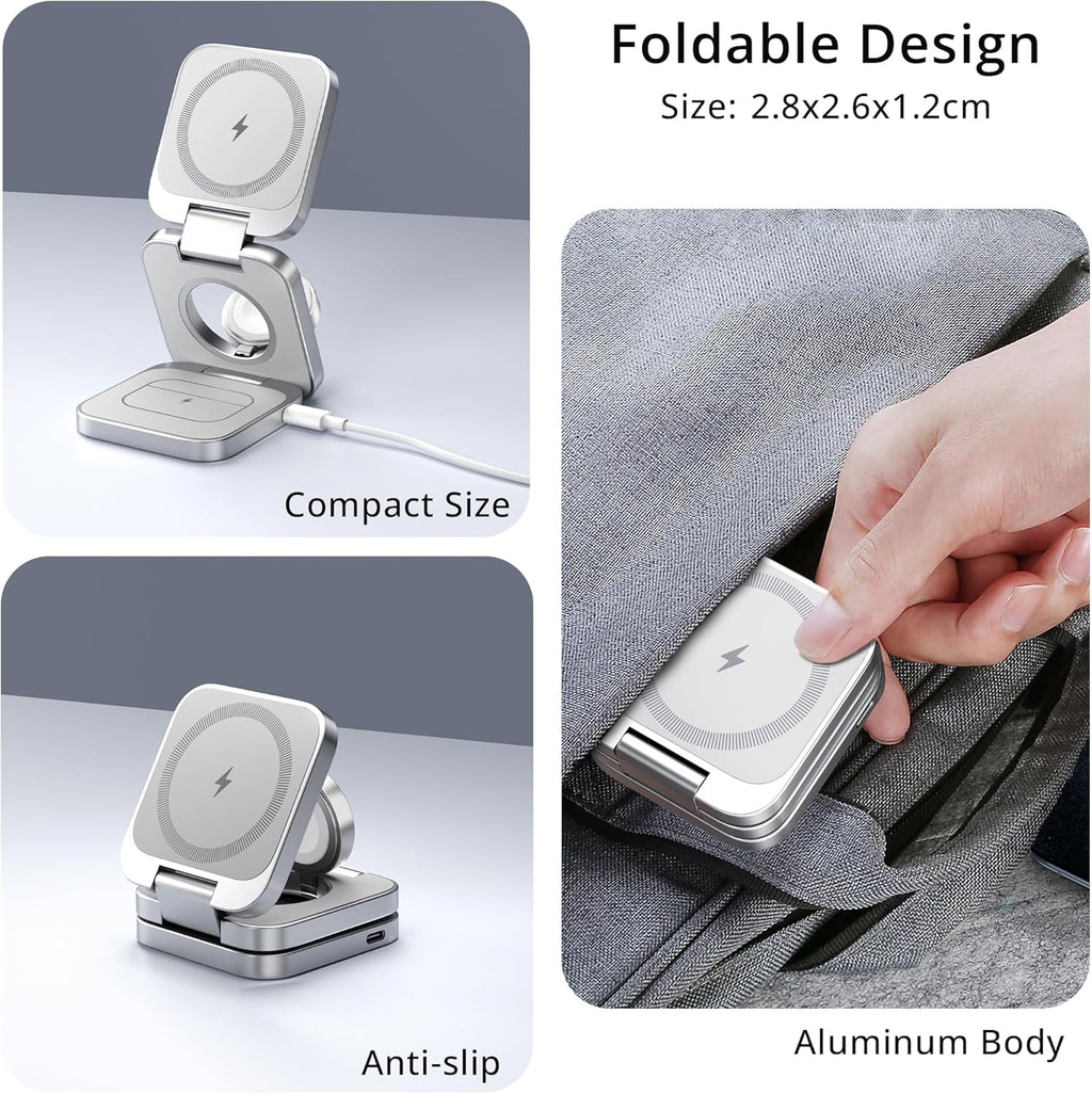 LULULOOK 3 in 1 Wireless Charger, Foldable Charging Station 15W Fast Mag-Safe Charger for Apple 15 14 13 12, 5W for Apple Watch, AirPods 3/2/Pro