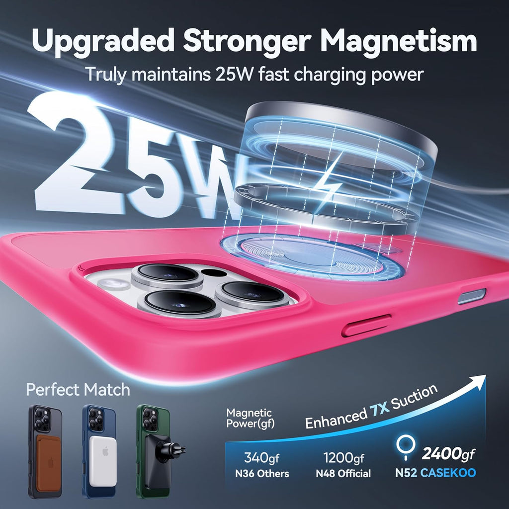 CASEKOO Designed for iPhone 14 Pro Case with Magnetic Invisible Stand [Military Drop Protection] [Compatible with MagSafe] Shockproof Slim Matte Translucent Pro Case 6.1 Inch, Hot Pink