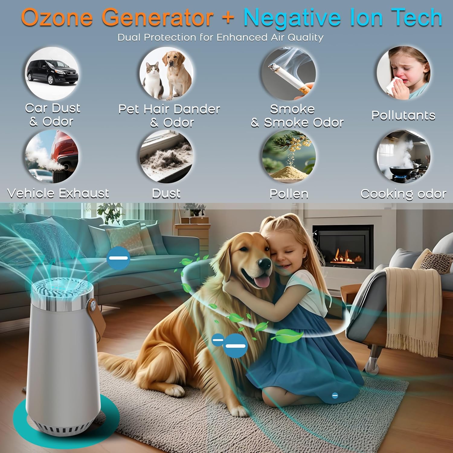 2 in 1 Car Air Purifier-Air Ionizer Plus Ozone Machine-Clean Odor,Dust,Smoke Smell for Car,Bathroom,Bedroom