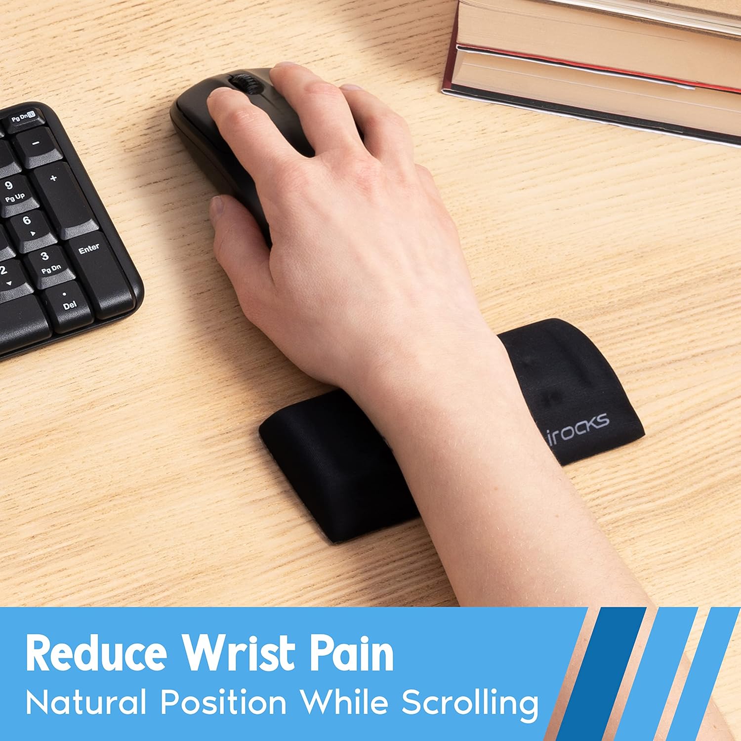 i-Rocks Memory Foam Mouse Wrist Rest - Pain-Reducing Wrist Rest for Mouse - Non-Slip Rubber Base Wrist Rest - Cooling Mouse Wrist Support for Long Hours of Work, Studying, Gaming (Black)