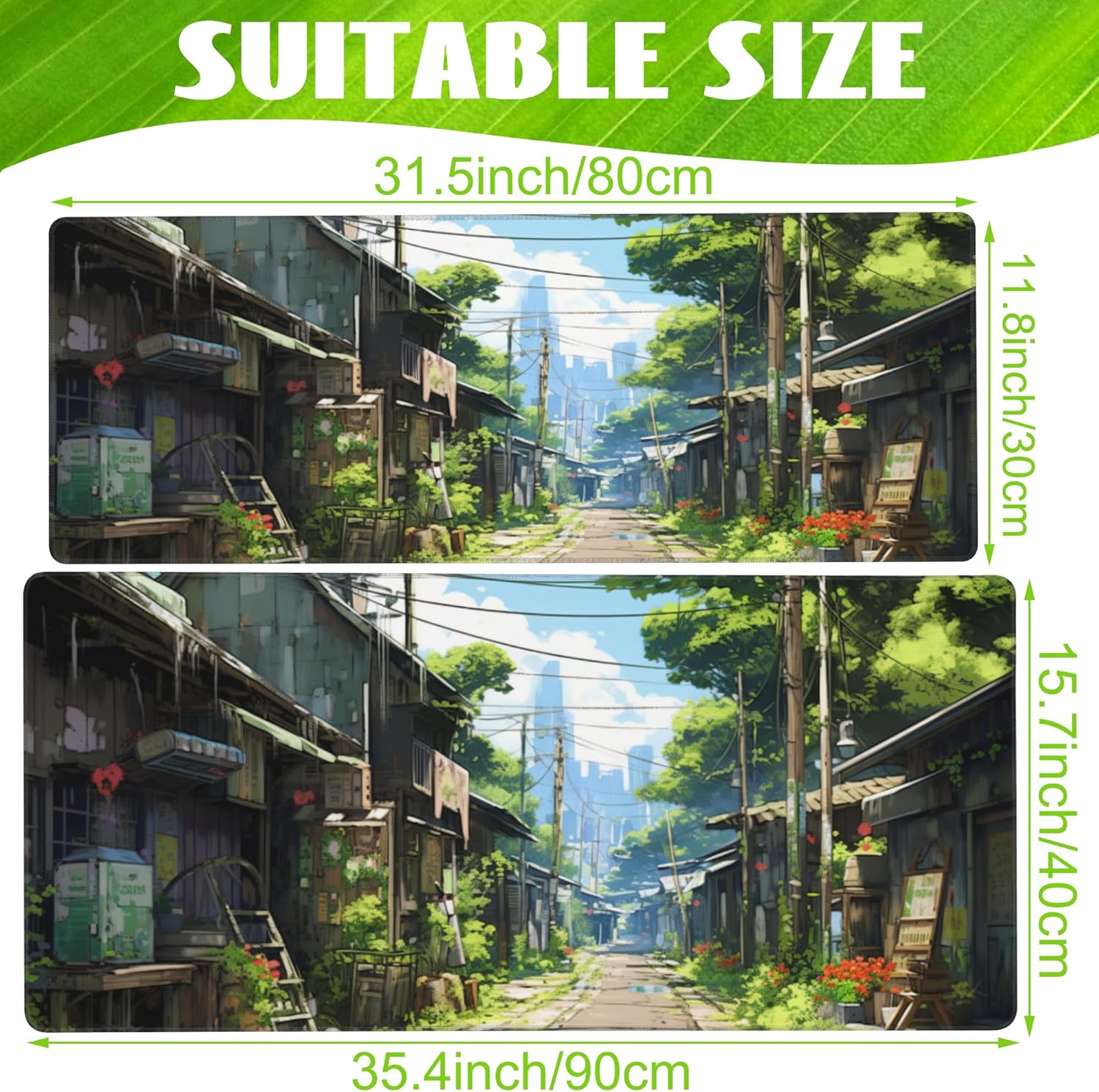 Anime Abandoned Town Desk Mat, Large Gaming Mouse Pad with Non-Slip Base and Stitched Edge, 35.4"x15.7"