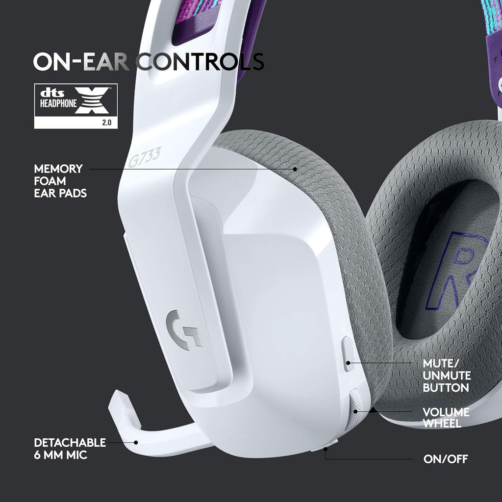 Logitech G733 Lightspeed Wireless Gaming Headset, Suspension Headband, Lightsync RGB, Blue VO!CE Mic, PRO-G Audio – White, Gaming Headset Wireless, PC, PS5, PS4, Switch Compatible