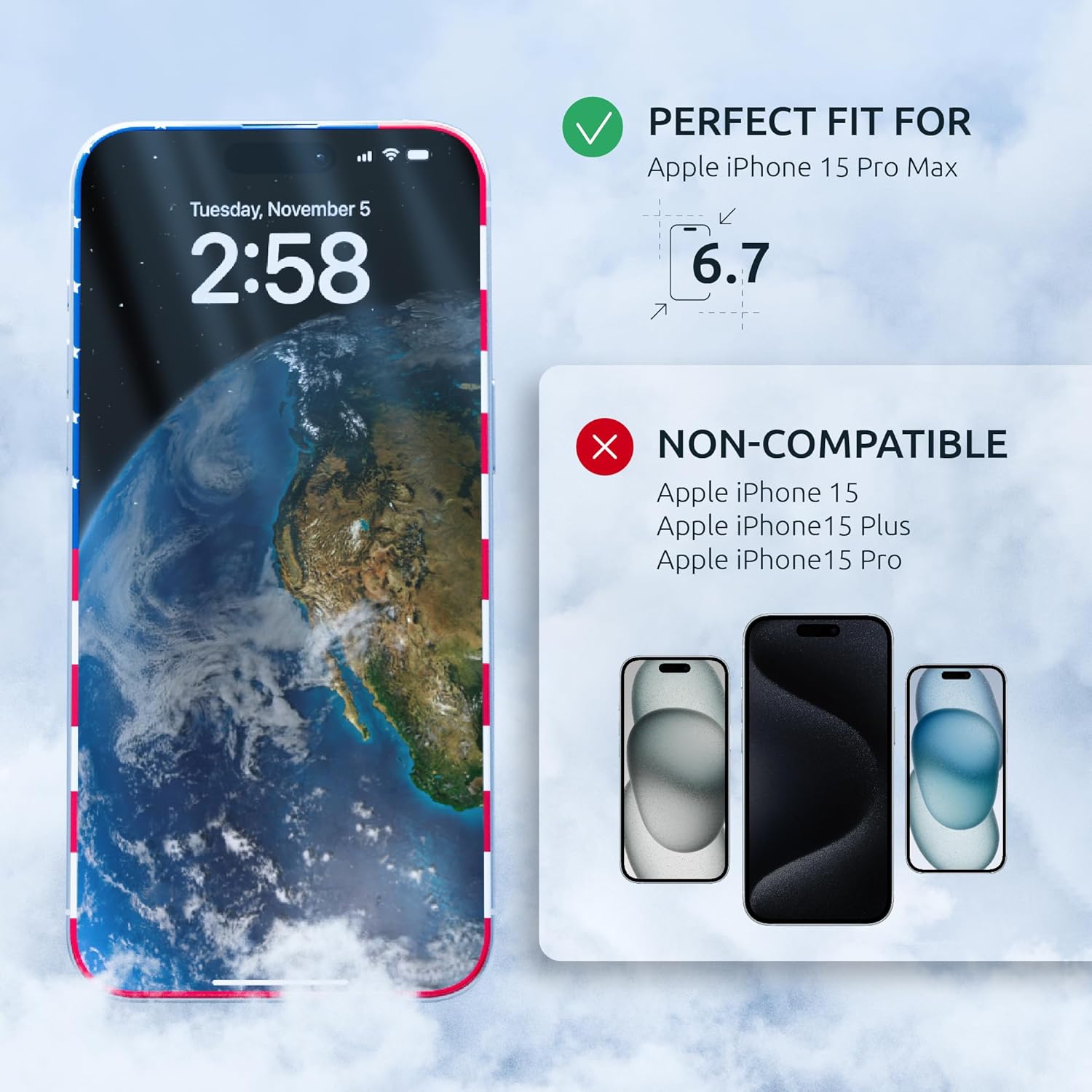 Screen Protector for iPhone 15 Pro Max - 2 Pack (USA Flag & Black) - Tempered Glass for Iphone 15 Pro Max 9H Hardness - Easy Installation, Oleophobic Coating