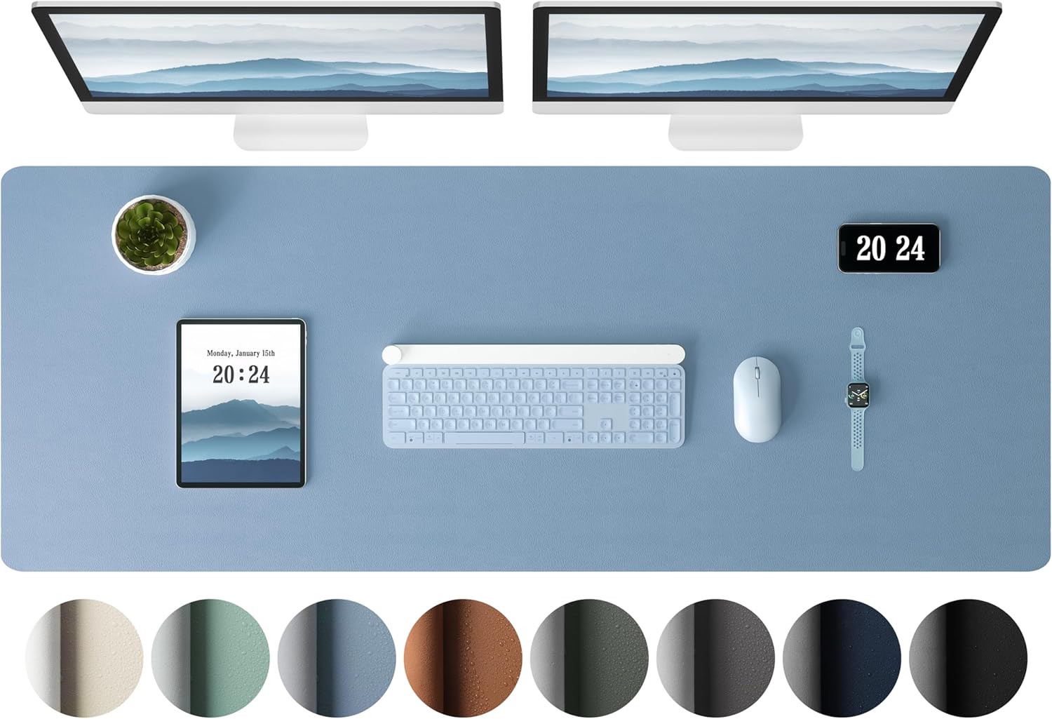 Aothia Leather Desk Pad Protector, Office Desk Mat, Large Mouse Pad, Laptop Desk Pad, Non-Slip PU Leather Desk Blotter, Waterproof Desk Writing Pad for Office and Home (Denim Blue, 47" x 17")