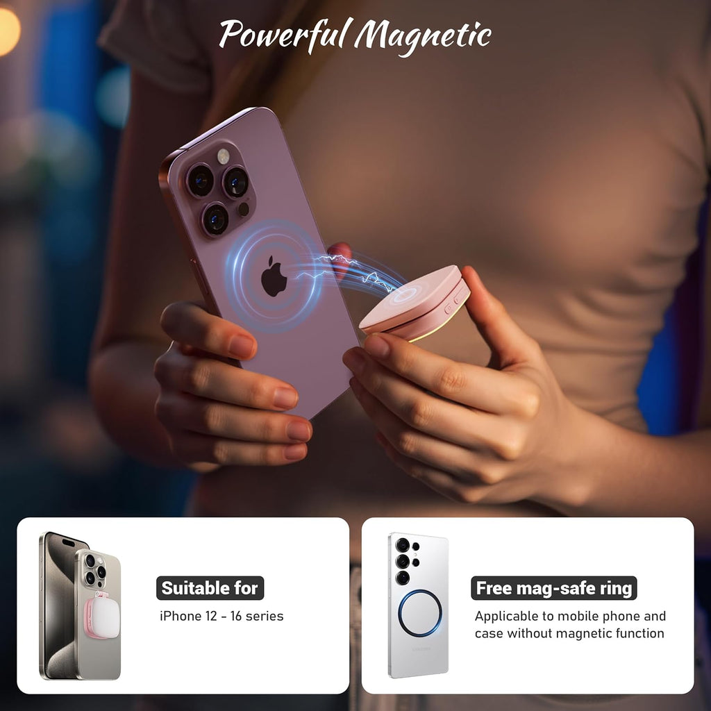Magnetic Selfie Light for Phone: 5 Led Mode with Mirror Compatible for iPhone & Android - Rechargeable Portable Fill Light for Photography/Video Recording/Conference/Vlog/Makeup (Pink)