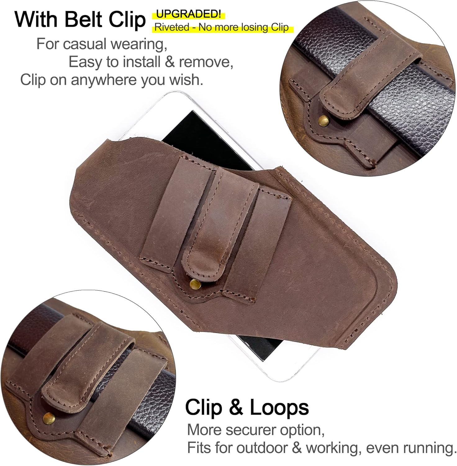 TobbinGear Leather Cell Phone Holster with Belt Clip, Universal Phone Holster for Men Belt Holder, Leather Case for iPhone, Samsung Galaxy Phones, Dark Brown, Large