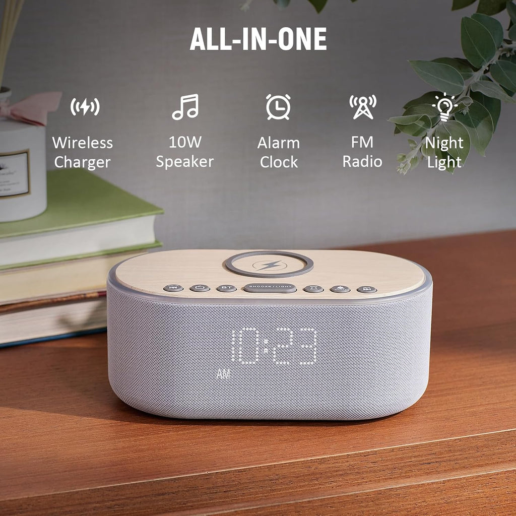 uscce Alarm Clock Bluetooth FM Radio: 10W Stereo Sound Speaker - Fast Wireless Charging for iPhone Samsung - Dimmable Clock Radio for Bedroom