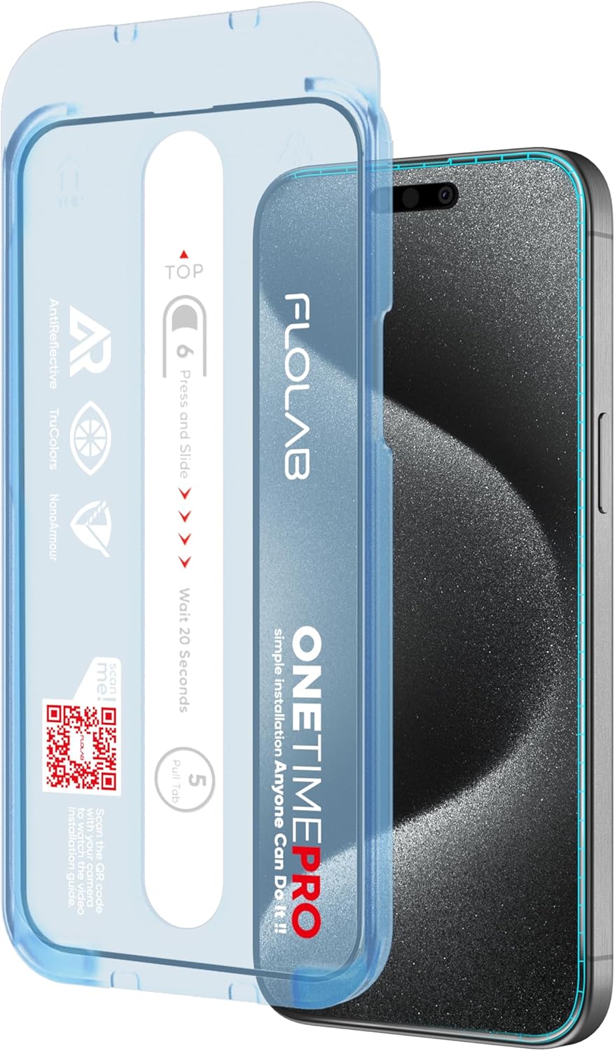 FLOLAB NanoArmour ONETIME PRO for iPhone 15 Pro Max Screen Protector, Anti-Reflective, Anti-Rainbow, 3D Tempered Glass, Ultra Clear, Edge Reinforced, Easy Install, Dust-Free, Scratch Resistant