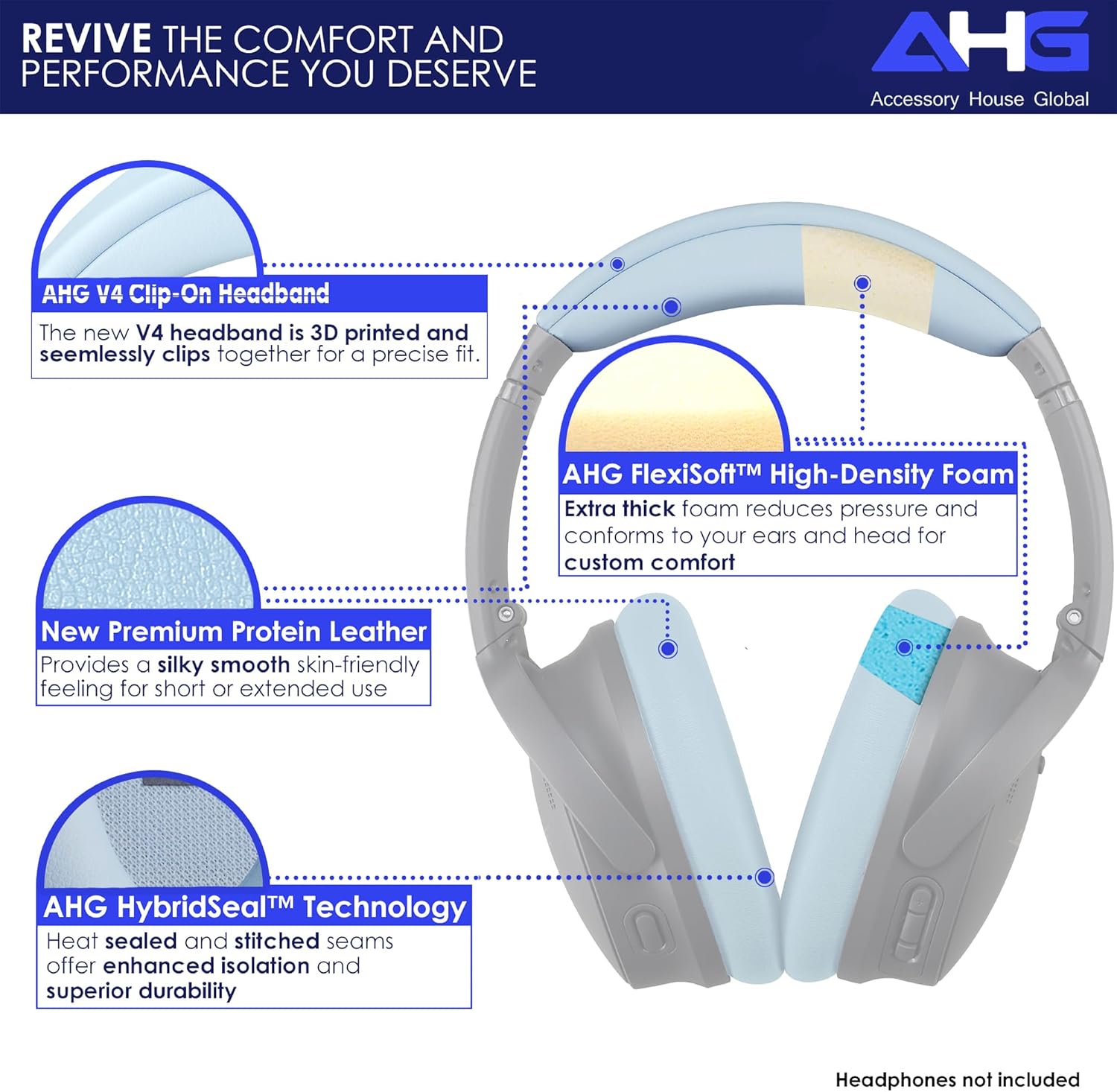 Replacement QC Ear Pad/Headband Pad Cushion. Compatible with Bose QuietComfort (2023) QC45 QCSE QC35 II Wireless Noise Cancelling Headphones (Moonstone Blue) Easy DIY Fit