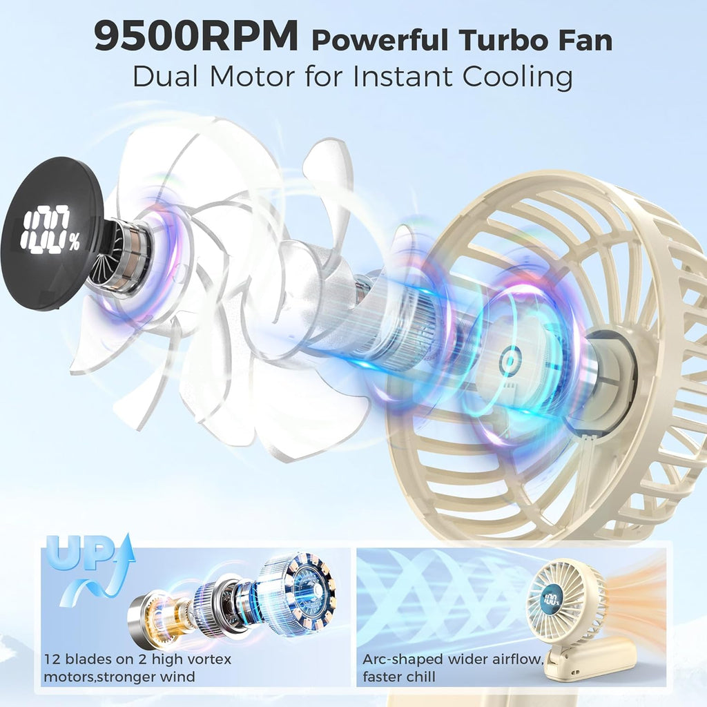 Portable Handheld Fan, 5000mAh Rechargeable Battery, Max 15H Cooling, 4 Speeds, LED Display, Foldable Design, 3-IN-1 Personal Pocket Fan with lanyard for Travel Outdoors Makeup Concert Commute