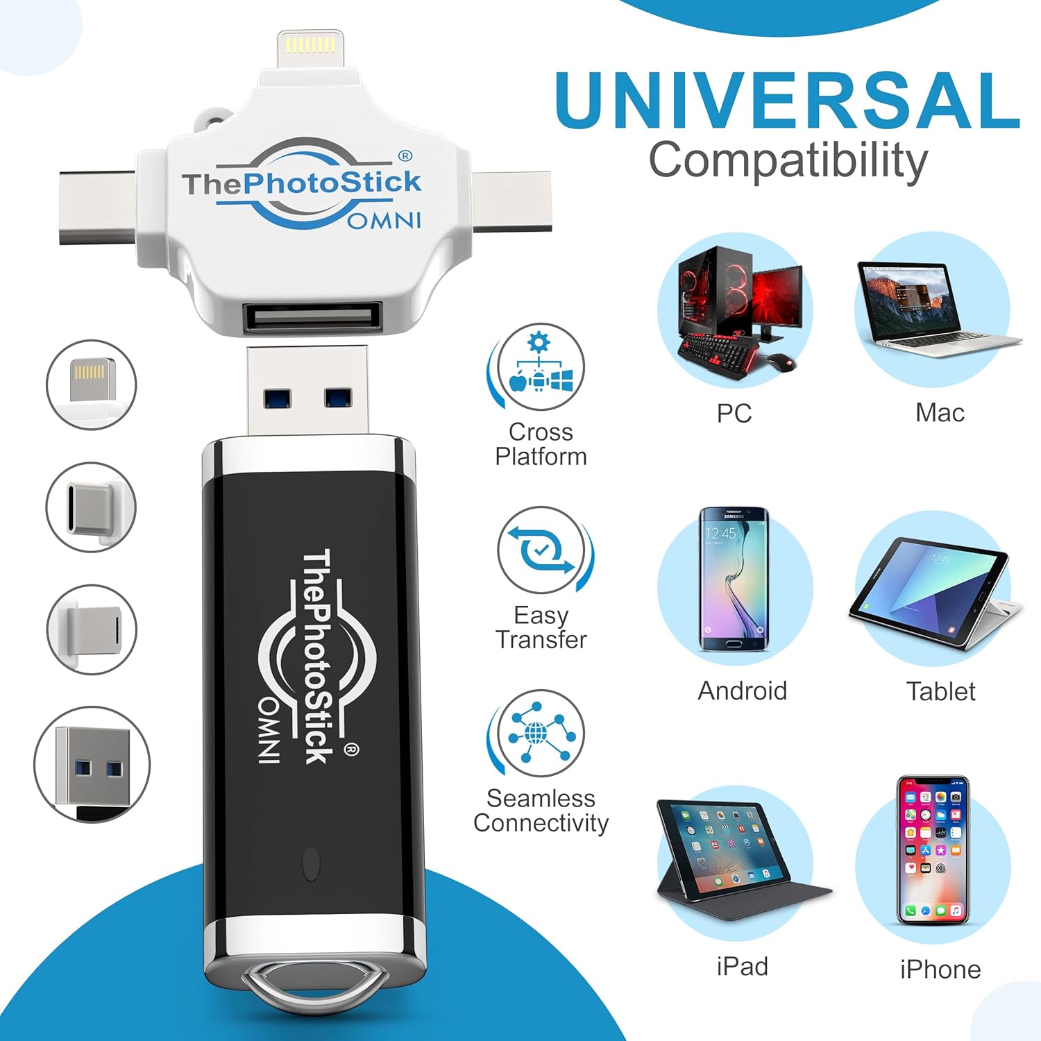 ThePhotoStick® Omni 128GB USB Flash Drive & Memory Stick – Photo & Video Backup for iPhone, Android, Mac & PC – Multiport Connection to Easily Store & Transfer Files
