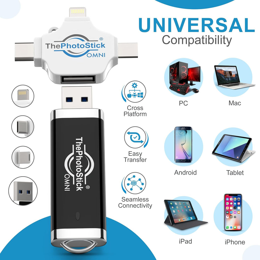 ThePhotoStick® Omni 128GB (2 Pack) - Photo & Video Backup and Transfer | Digital File Organizer | USB & Multiport Connection for Phones, Tablets and Computers | Portable Memory | External Storage
