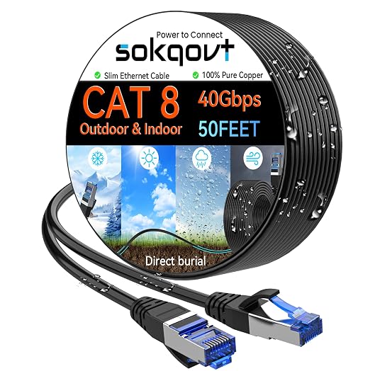 Sokqovt Cat 8 Ethernet Cable Slim 50ft Outdoor&Indoor, Pure Copper Cat8 by Unknown